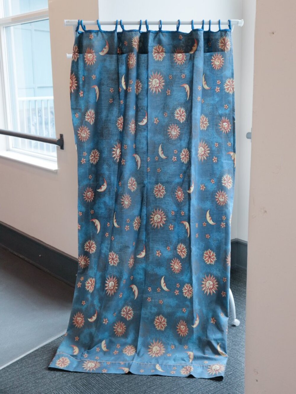 Vintage Navy Blue Celestial Curtain Door Panel, Sun Moon Face & Stars, Space